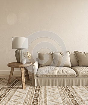 Boho scandinavian interior design living room. Mock up beige empty wall with nature furniture. 3d render illustration