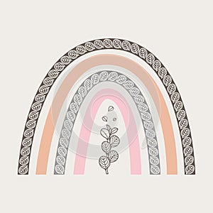 Boho Scandinavian rainbow with leaves in pastel colors, vector illustration.