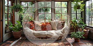 Boho Scandinavian style in farmhouse interior. Bedroom with natural wooden furniture.