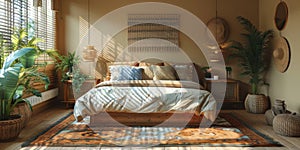 Boho Scandinavian style in farmhouse interior. Bedroom with natural wooden furniture.