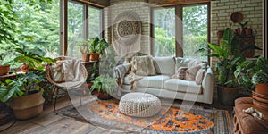 Boho Scandinavian style in farmhouse interior. Bedroom with natural wooden furniture.