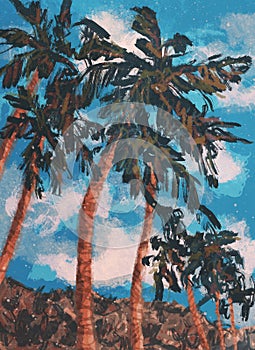 Boho Sea Beach with Palms Print. Abstract Background. Bohemian printable wall art, boho poster, pastel abstract art