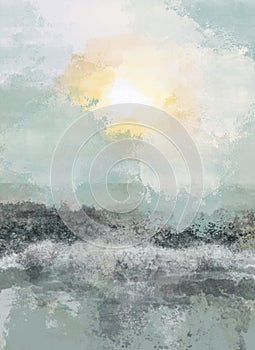 Boho Sea Beach with Waves Print with Sun under the sea. Abstract Background. Bohemian printable wall art, boho poster