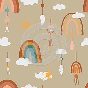 Boho seamless pattern. Bohemian style with rainbows and suspensions. Springtime design. Vector stock illustration