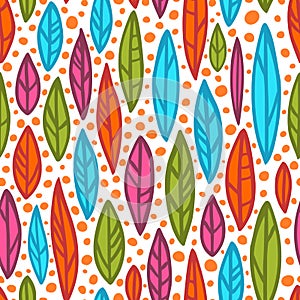 Boho seamless pattern with colorful leaves and orange bubbles.