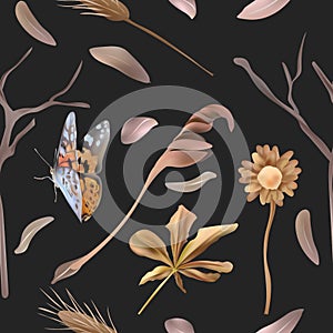 Boho Seamless patterns with decoration leaves, butterfly, flower, dry herbs, tree branch. Endless texture. Vector