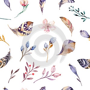 Boho seamless watercolor pattern of feathers and wild flowers, leaves, branches flowers, illustration, love and feathers