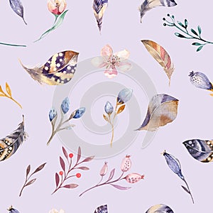 Boho seamless watercolor pattern of feathers and wild flowers, leaves, branches flowers, illustration, love and feathers