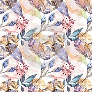 Boho seamless watercolor pattern of feathers and wild flowers, leaves, branches flowers, illustration, love and feathers