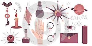 Boho set palmistry. Esoteric vector. Fashionable vector illustration in the style of flat line. A mystical drawing