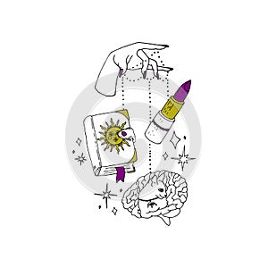 Boho spiritual hand drawn black ink line art. Woman hand with purple nails is holding grimoire book, lipstick and a