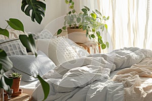 Boho style bedroom interior design. Cozy and elegant bright bedroom with big bed, nice white and beige bedclothes, green