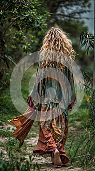 boho style blonde girl walking photo