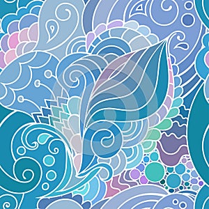 Boho style blue textile pattern with waves and curles. Colorful oriental zentangle style seamless background.