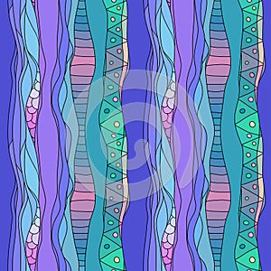 Boho style blue textile pattern with waves and curles. Colorful oriental zentangle style seamless background.