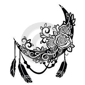 Boho style crescent decorated with roses and feathers, logo, isolated object on a white background, vector