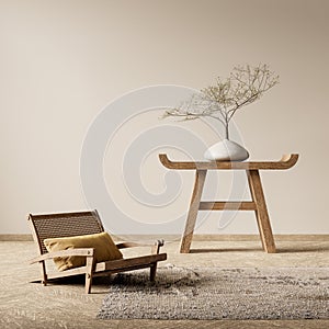 Boho style decorated livinig room. Modern authentic Interior design of living room with wooden furnitures. 3D illustration photo