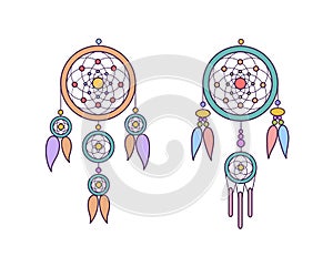 Boho style dreamcatcher icon. The mystical symbol of the American Indians. Dreamcatcher with mesh, beads and blue feathers. Isolat