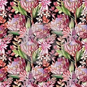 Boho style exotic seamless pattern with proteas and succulents