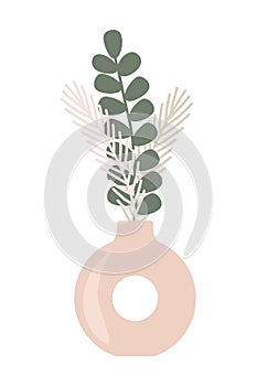 Boho style geometric shape round vase with pampas grass bouquet and eucaliptus branch, vector