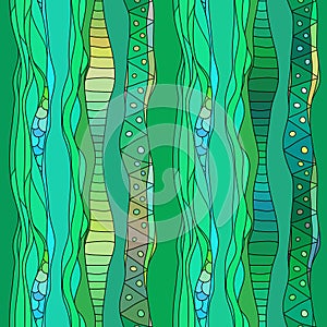 Boho style green textile pattern with waves and curles. Colorful oriental zentangle style seamless background.