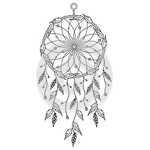 Boho style hand drawn Dream Catcher with ethnic floral pattern,