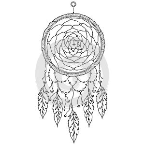 Boho style hand drawn Dream Catcher with ethnic floral pattern,