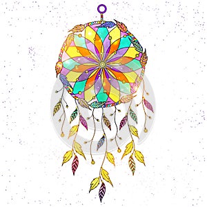 Boho style hand drawn Dream Catcher with ethnic floral pattern,