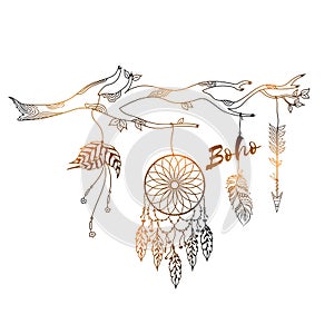 Boho style hand drawn Dream Catcher with ethnic floral pattern,