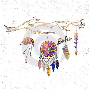 Boho style hand drawn Dream Catcher with ethnic floral pattern,