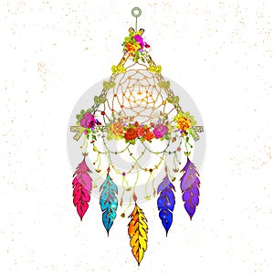 Boho style hand drawn Dream Catcher with ethnic floral pattern,