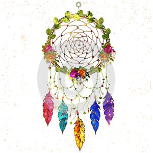 Boho style hand drawn Dream Catcher with ethnic floral pattern,