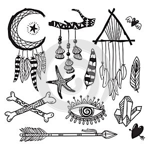 Boho style hand drawn elements. Boho chic, tribal, free spirit designs with feather and arrows. Vector objects set.