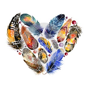 Boho style heart with bird feathers. Vintage photo