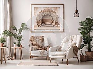 Boho style interior of living room with big frame mock up poster on it,