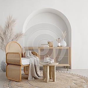 Boho style interior with wooden chair,table and white wall background. photo