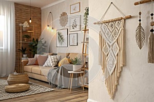 Boho living room interior with empty wall