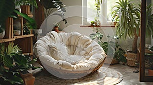 boho style living space featuring a comfortable papasan chair, greenery and enhanced by natural, soft lighting Ai generative photo