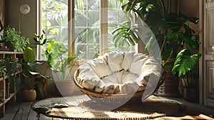 boho style living space featuring a comfortable papasan chair, greenery and enhanced by natural, soft lighting Ai generative photo