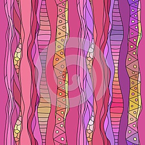 Boho style love background. Pink textile pattern with waves and curles. Colorful oriental zentangle style seamless