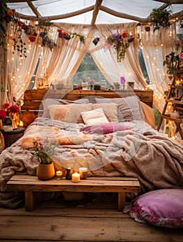 Boho style tented bed with a bunch of pillows and string lights