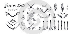 Boho style vector collection for tattoo, invitations, flyers, decor with feathers, branches of tree,wild flowers,arrows