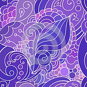 Boho style violet textile pattern with waves and curles. Colorful oriental zentangle style seamless background.