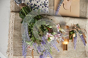 Boho style wedding bouquet on table