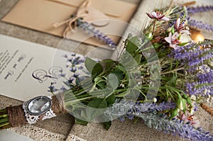 Boho style wedding bouquet on table