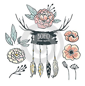 Boho style wedding invitation elements set. Vector illustration.