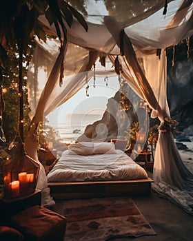 Boho-Styled Canopied Bedroom Tent on a Tranquil Beach - Fusion of Comfort and Exotic Coastal Living