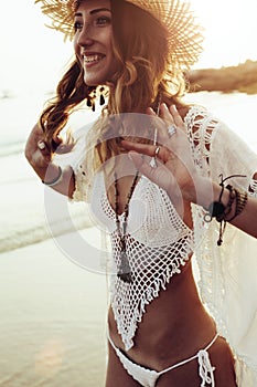 Boho styled model on the beach