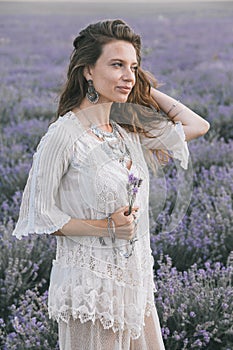 Boho styled model in lavender field