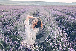 Boho styled model in lavender field